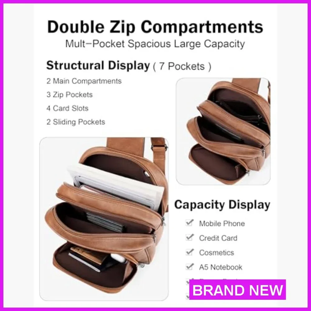 PU Leather Crossbody Sling Bag Multi-Pocket Travel Purse Adjustable Strap - Picture 5 of 6